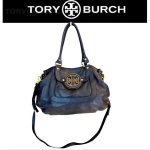 TORY BURCH "Amanda" Black Pebbled Leather Satchel / Crossbody w/Mirror. EUC